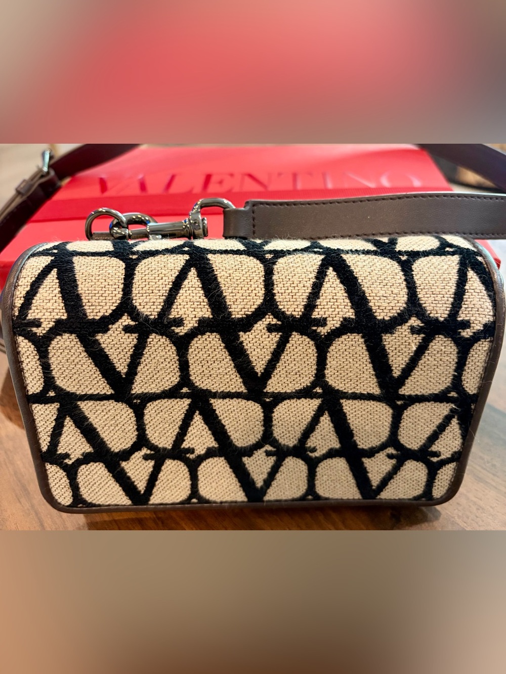 Valentino Beige and Black Logo Jacquard Crossbody Bag